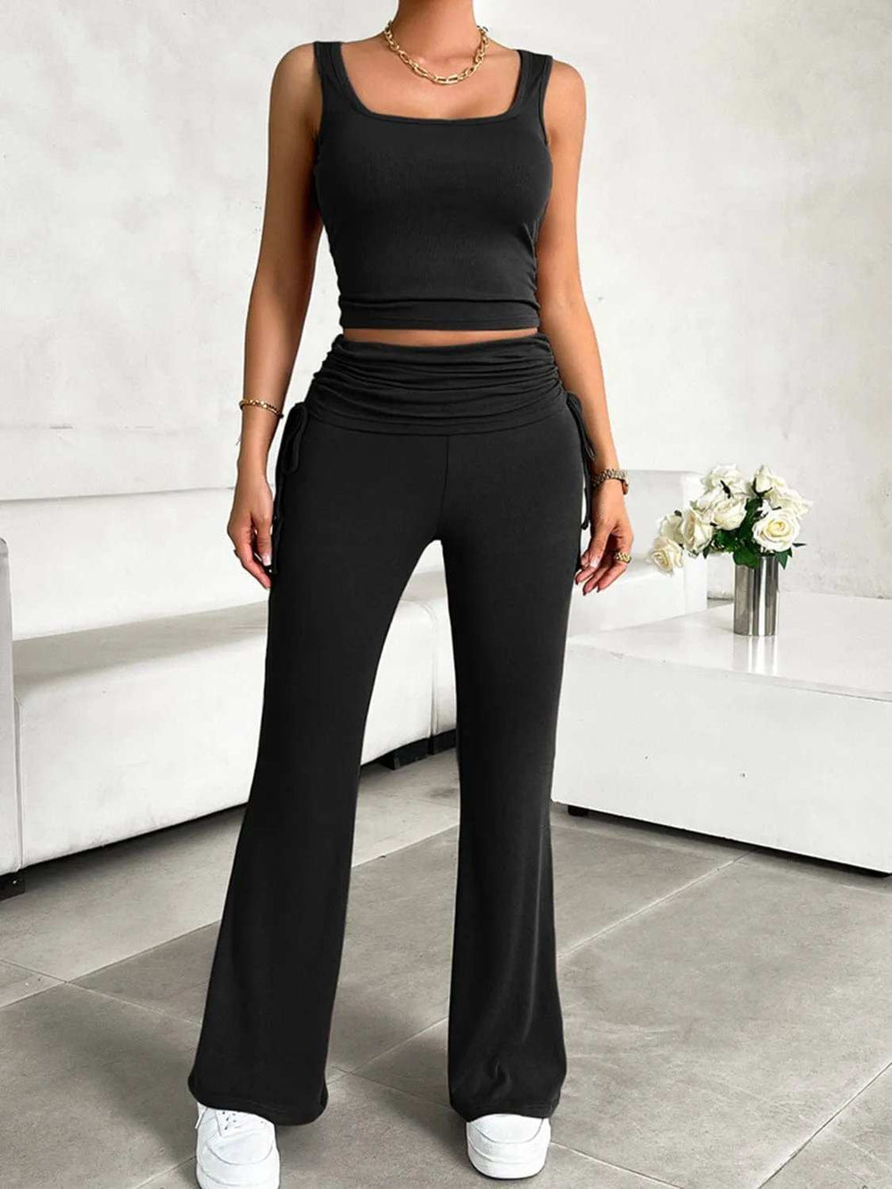 Square Neck Tank and Drawstring Pants Set - Trendsi - Flyclothing LLC