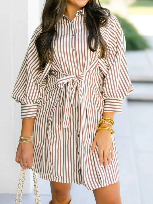 Striped Tie Waist Shirt Dress - Trendsi - Flyclothing LLC
