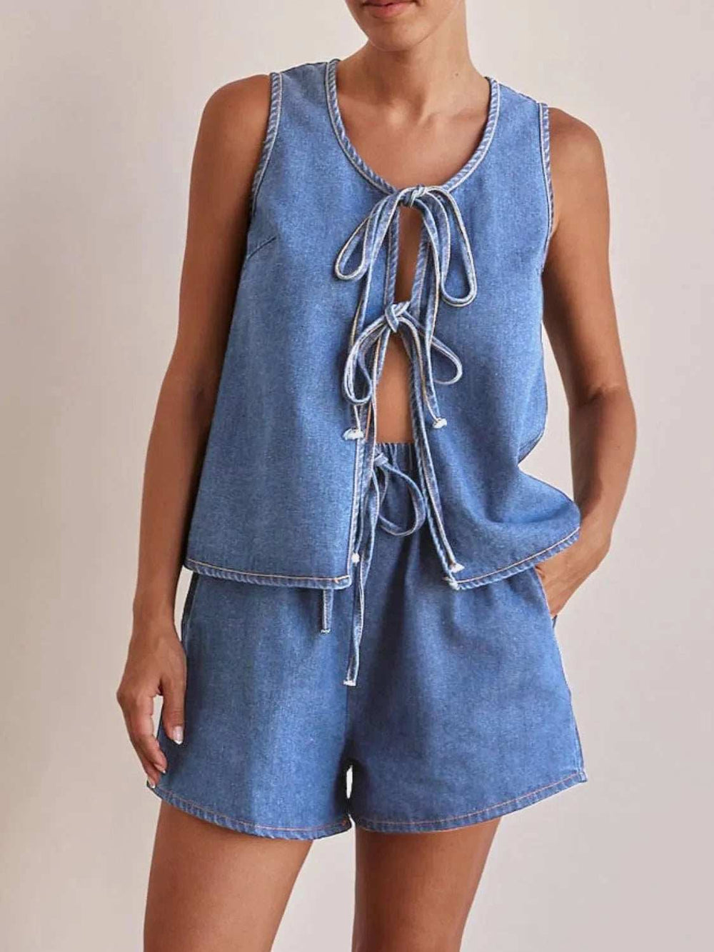 Tie Front Vest and Shorts Denim Set - Trendsi - Flyclothing LLC
