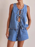 Tie Front Vest and Shorts Denim Set - Trendsi - Flyclothing LLC