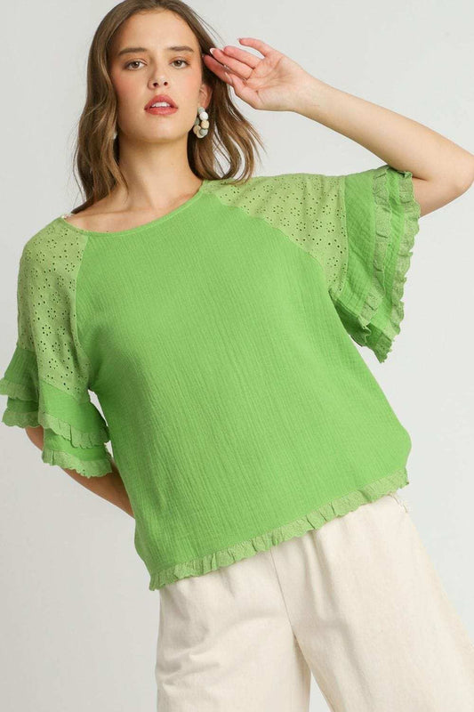 Umgee Full Size Cotton Gauze Round Neck Ruffle Eyelet Layered Sleeve Blouse Plus Size - Trendsi - Flyclothing LLC