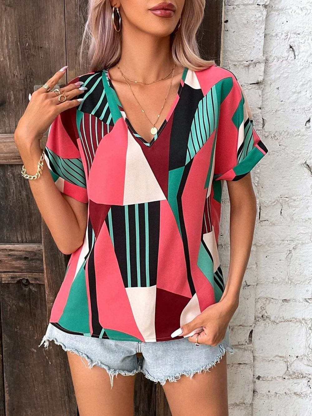 Printed V-Neck Short Sleeve Blouse - Trendsi - Flyclothing LLC