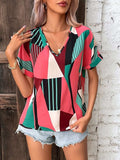 Printed V-Neck Short Sleeve Blouse - Trendsi - Flyclothing LLC