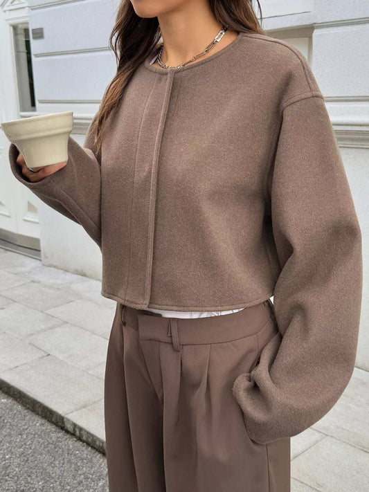 Button-Front Dropped Shoulder Cropped Jacket - Trendsi - Flyclothing LLC