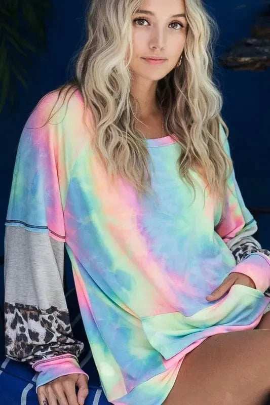 BiBi Tie Dye French Terry Sweatshirt with Contrast - Trendsi - Flyclothing LLC