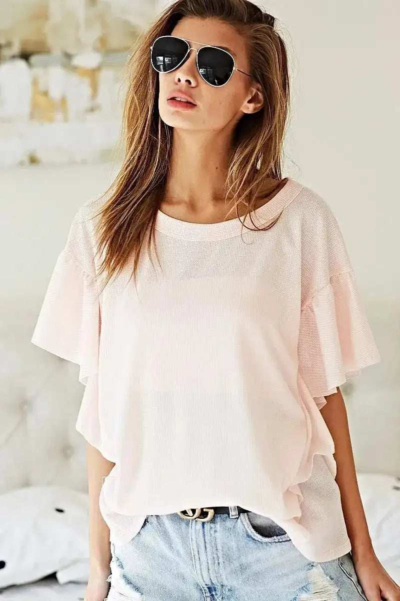 BiBi Thermal Knit with Ruffled Sleeve Top - Trendsi - Flyclothing LLC