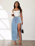 High Rise Slit Denim Skirt - Trendsi - Flyclothing LLC