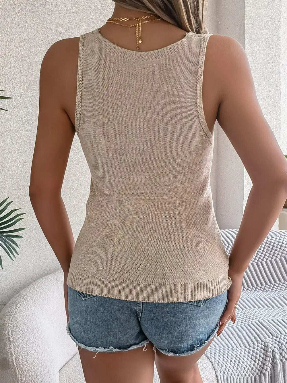 Eyelet V-Neck Tank - Trendsi - Flyclothing LLC