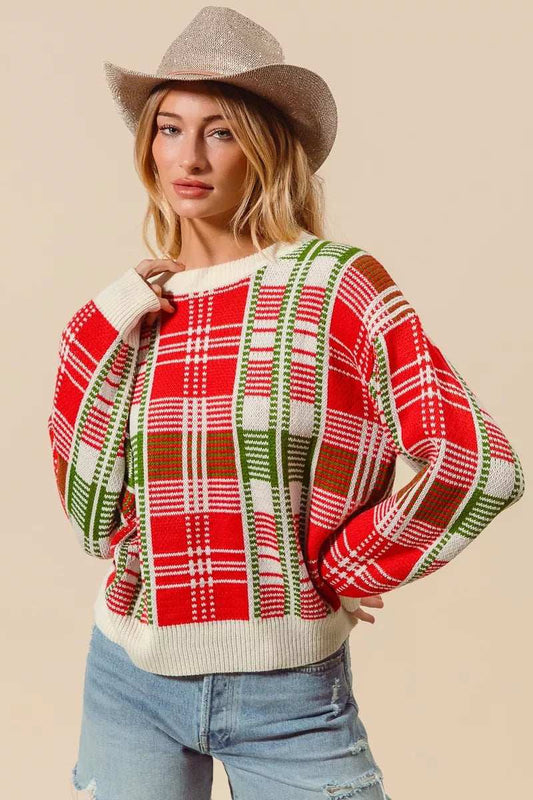 SO ME Christmas Color Checkered Plaid Crew Neck Sweater - Trendsi - Flyclothing LLC