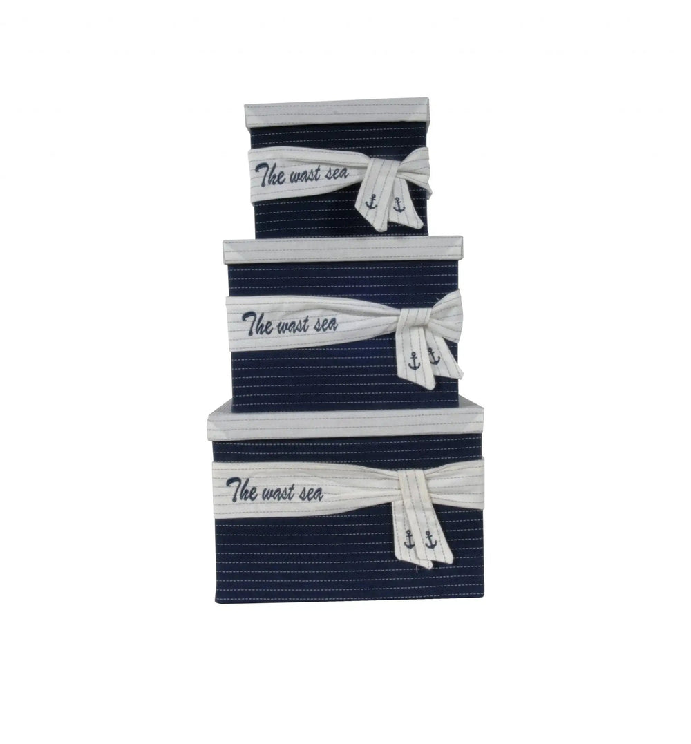 11.5" X 12" X 8.5" White Blue Fabric Boxes With Cover Set Of 3 - Homeroots - Flyclothing LLC