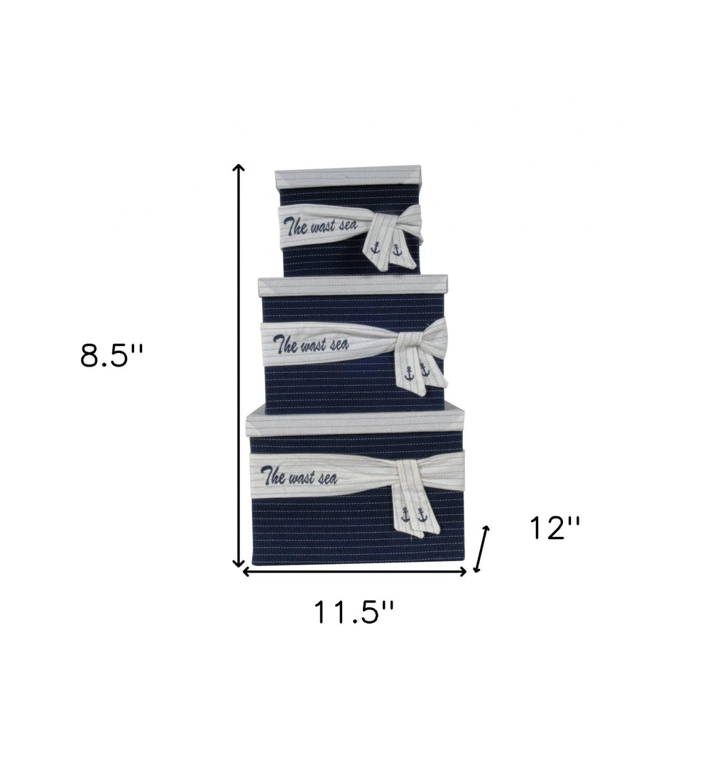 11.5" X 12" X 8.5" White Blue Fabric Boxes With Cover Set Of 3 - Homeroots - Flyclothing LLC