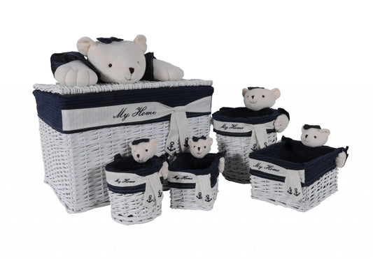15.5" X 23.5" X 22" White blue rectangular bear Design Basket Set Of 5 - Homeroots