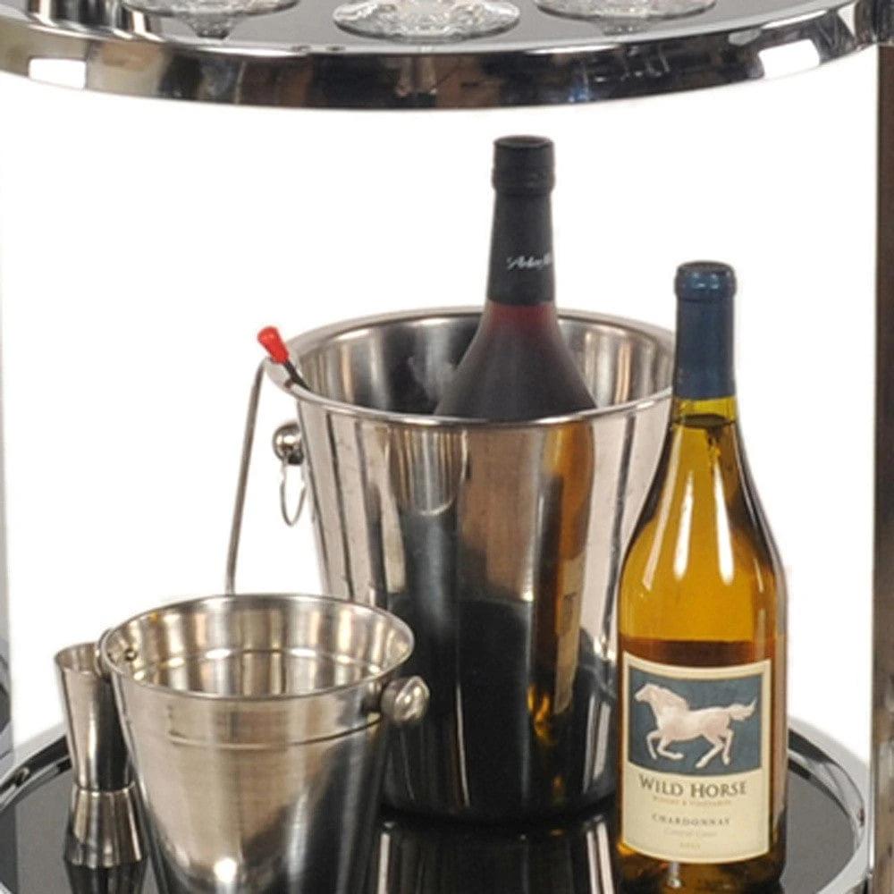 22" Silver Glass Round Mirrored End Table With Shelf - Homeroots