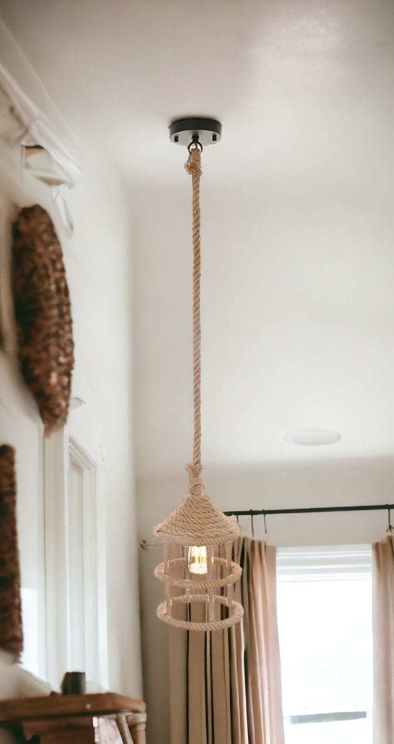 Beige and Black Iron and Rope Ceiling Light - Homeroots - Flyclothing LLC