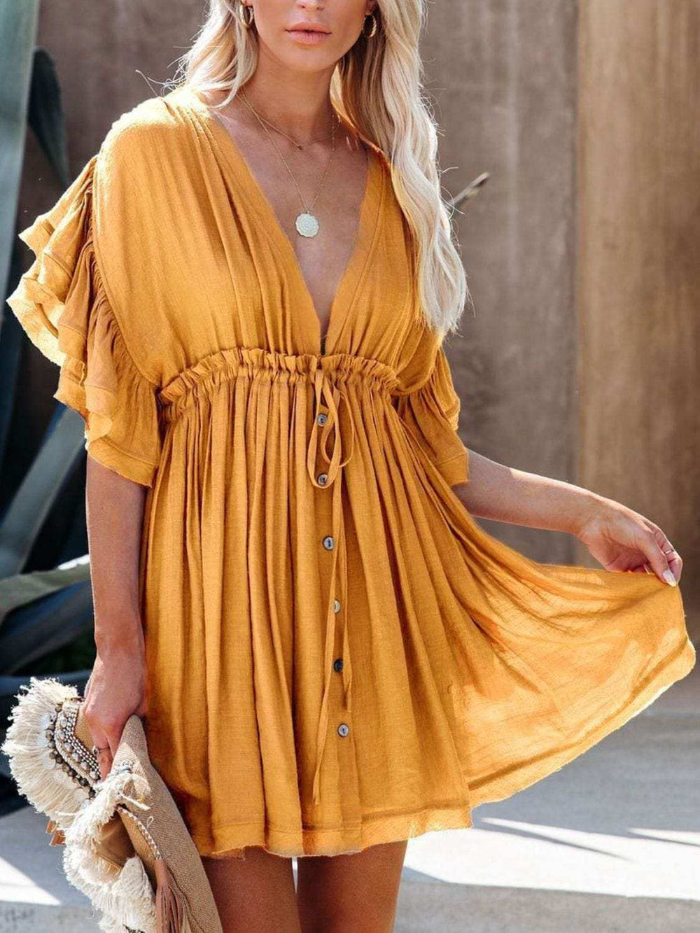Drawstring Ruffled Half Sleeve Mini Dress - Trendsi - Flyclothing LLC