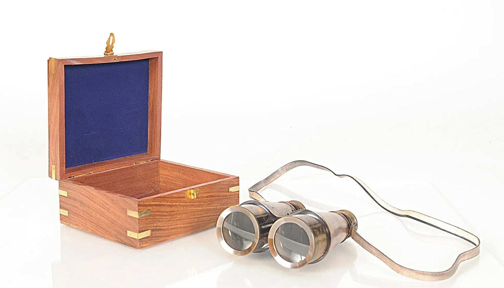 Rustic Brass And Leather Binoculars In Wood Storage Box - Homeroots - Flyclothing LLC