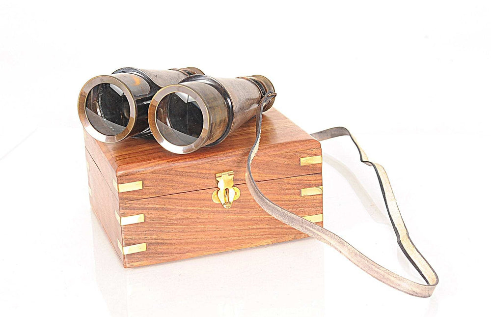 Rustic Brass And Leather Binoculars In Wood Storage Box - Homeroots - Flyclothing LLC