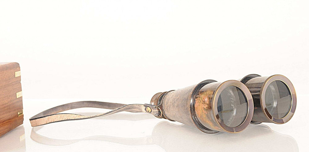 Rustic Brass And Leather Binoculars In Wood Storage Box - Homeroots - Flyclothing LLC