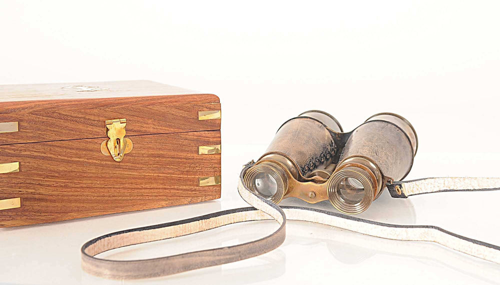 Rustic Brass And Leather Binoculars In Wood Storage Box - Homeroots - Flyclothing LLC