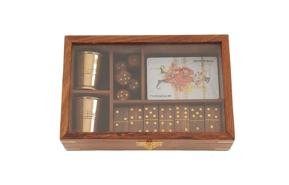 5.25" X 8" X 2.5" Wooden Game Set With Brass Goblet - Homeroots