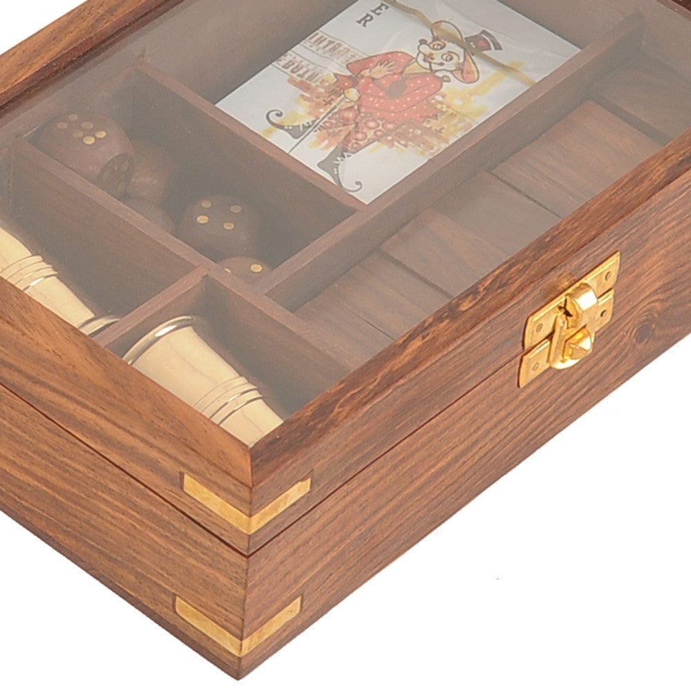 5.25" X 8" X 2.5" Wooden Game Set With Brass Goblet - Homeroots