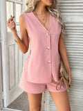 Devine Button Down V-Neck Tank and Shorts Set - Trendsi - Flyclothing LLC