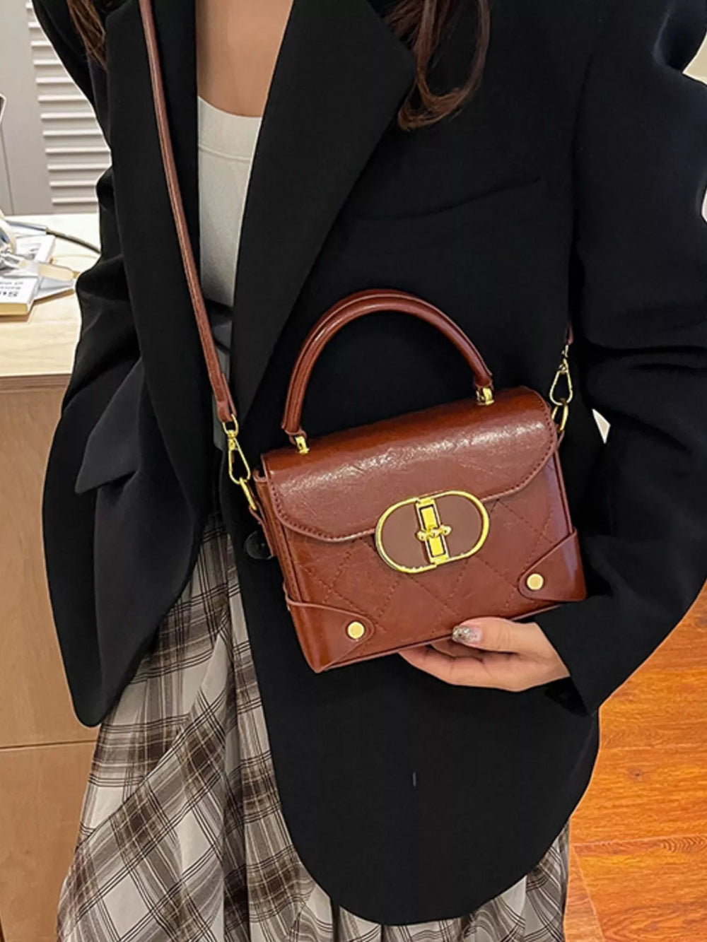 Quilted Pattern Top Handle Crossbody Bag - Trendsi - Flyclothing LLC