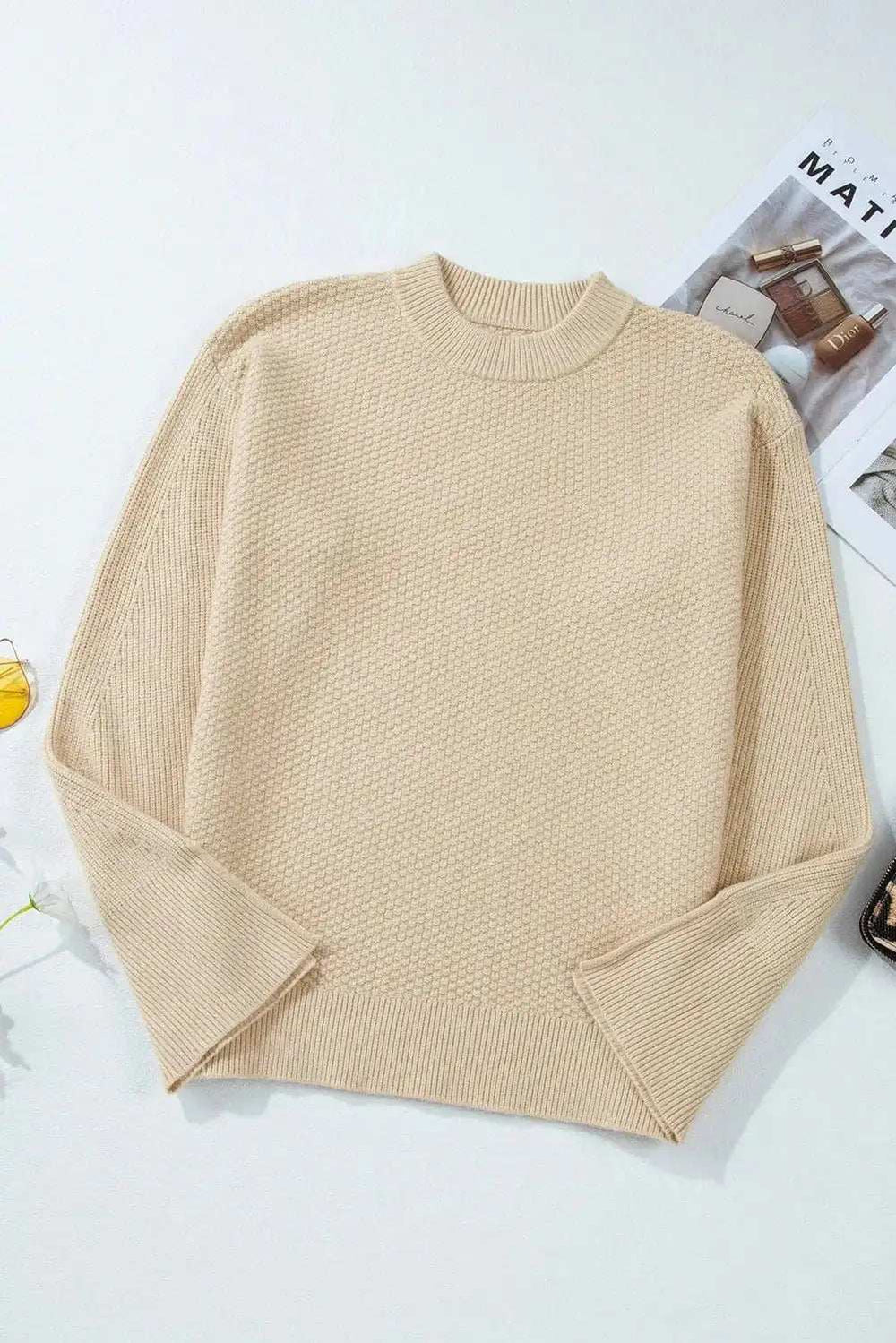 Textured Round Neck Long Sleeve Sweater - Trendsi - Flyclothing LLC
