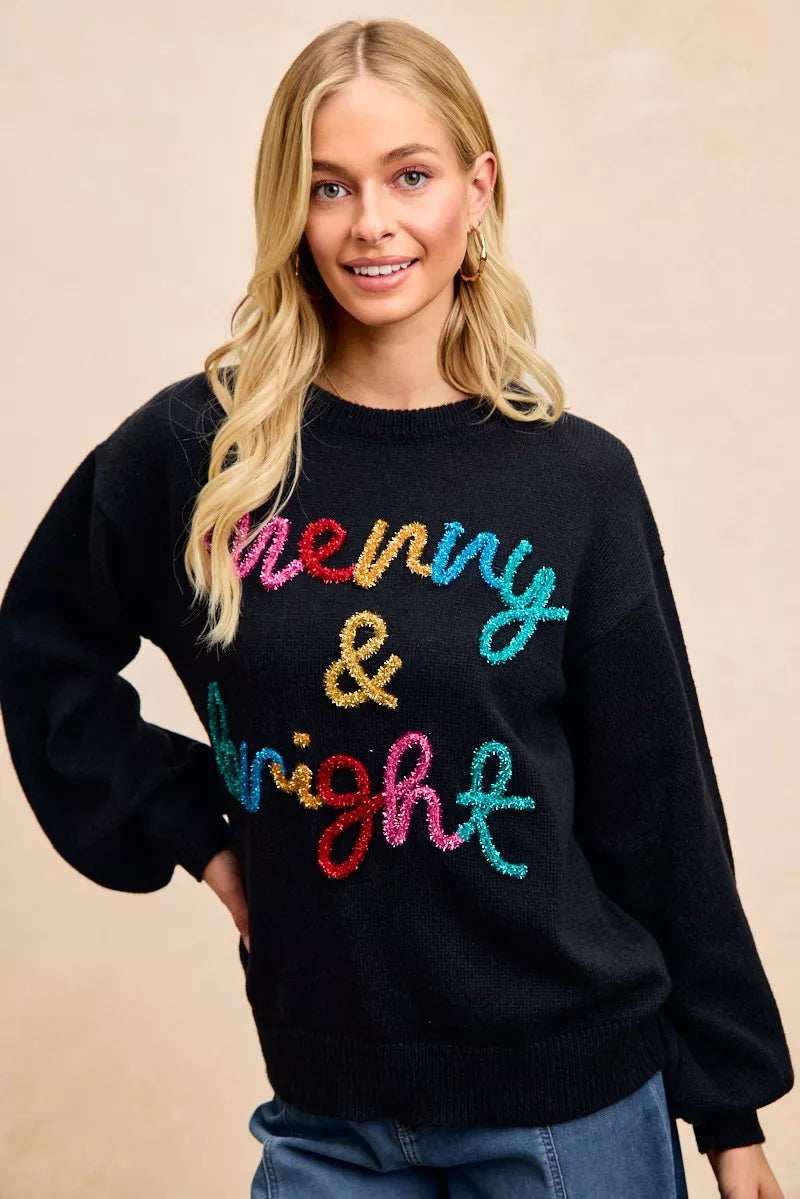 BiBi Tinsel Lettering Christmas Sweater - Trendsi - Flyclothing LLC