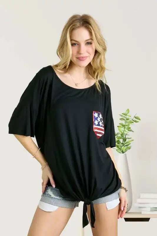 ADORA Sequin US Flag Pocketed Top - Trendsi - Flyclothing LLC