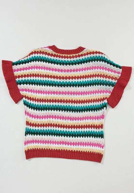 Contrast Round Neck Short Sleeve Sweater - Trendsi - Flyclothing LLC