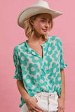 BiBi Flower Printed Woven Smocking Sleeves V Neck Top - Trendsi - Flyclothing LLC