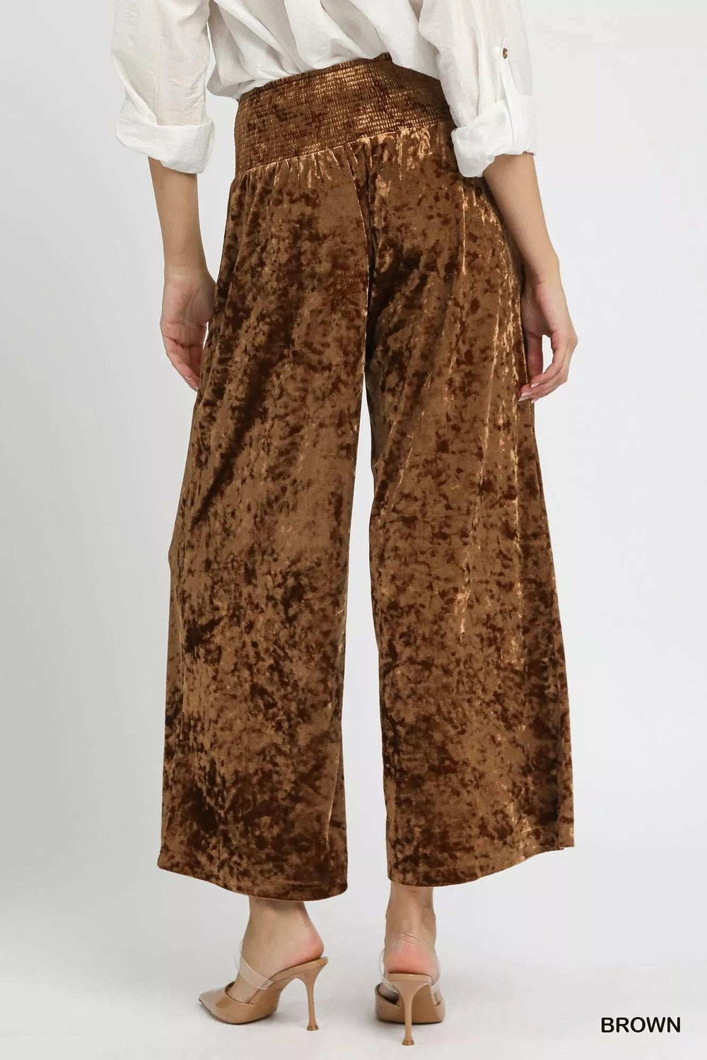 Umgee Velvet Smocked Waistband Wide Leg Pants - Trendsi - Flyclothing LLC