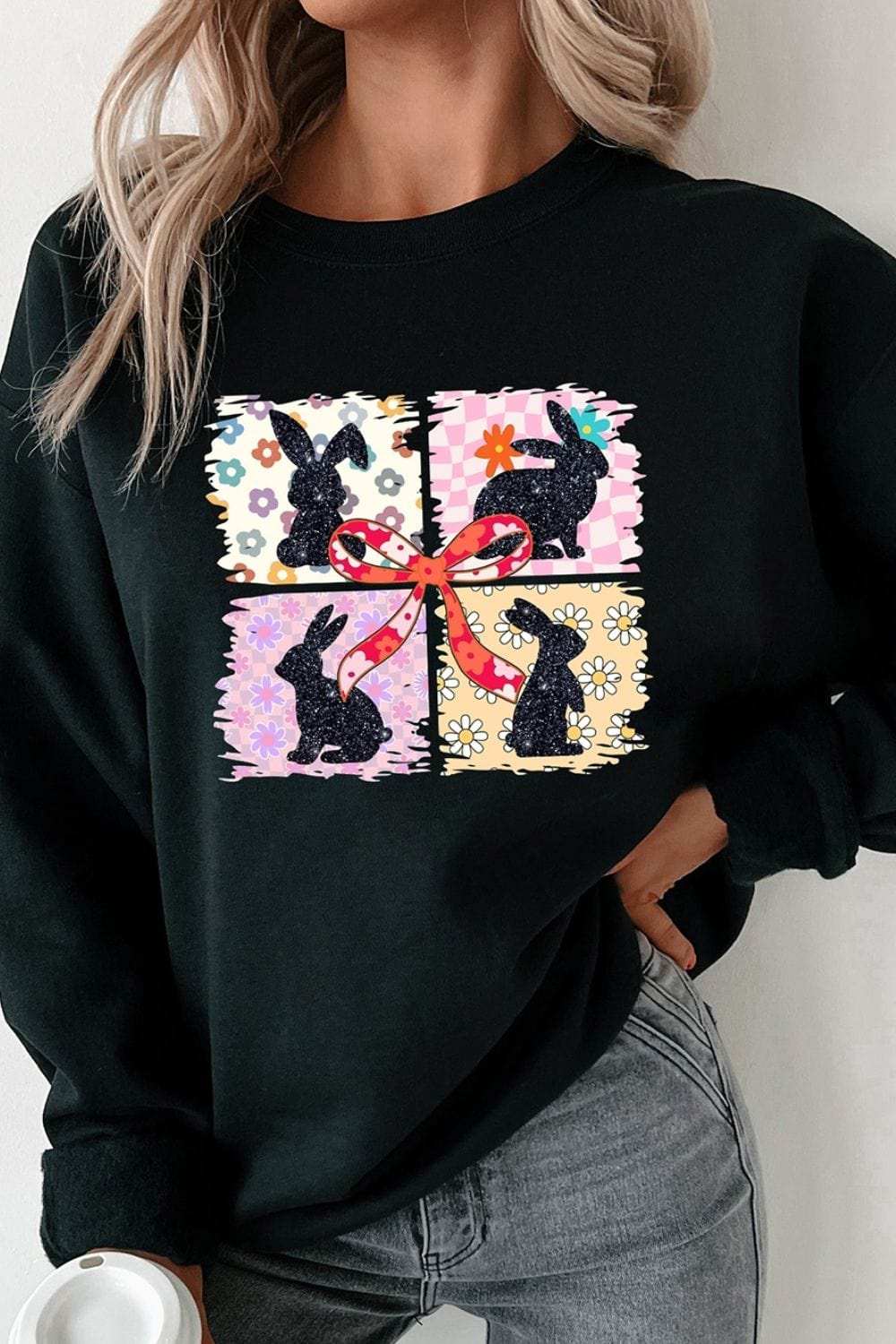 Floral Bunny Plaid Bow Graphic Easter Sweatshirt - Trendsi - Flyclothing LLC