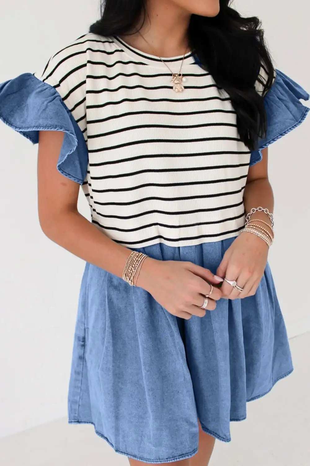 Stripe Ruffle Denim Patchwork Round Neck Mini Dress - Trendsi - Flyclothing LLC