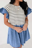 Stripe Ruffle Denim Patchwork Round Neck Mini Dress - Trendsi - Flyclothing LLC