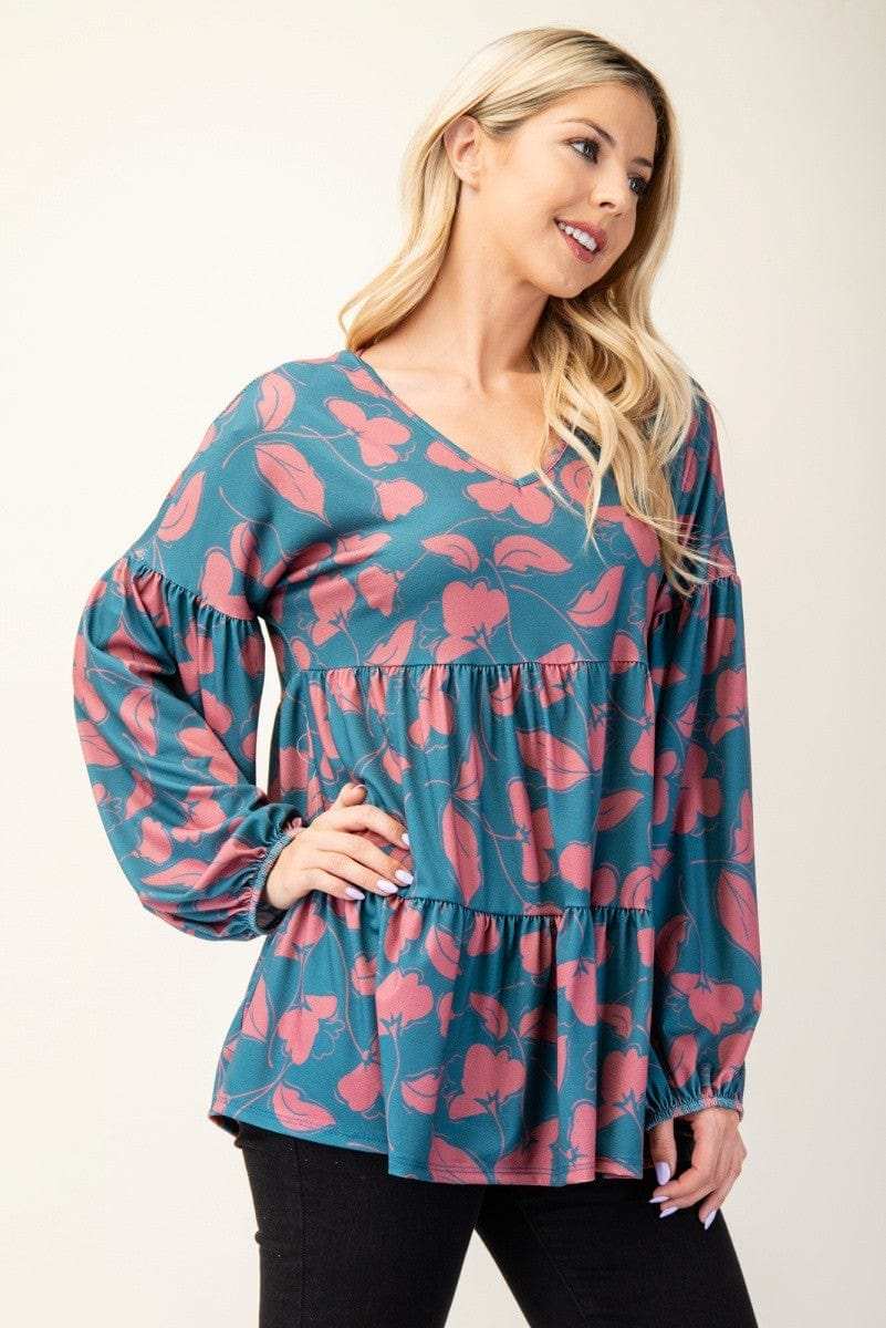 Celeste Full Size Tiered Floral V-Neck Long Sleeve Blouse - Trendsi - Flyclothing LLC