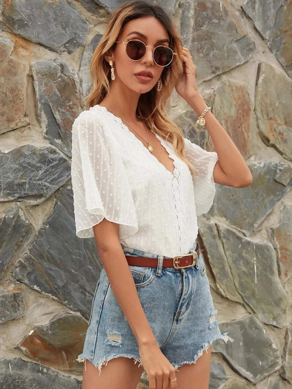 Lace Detail V-Neck Siwss Dot Blouse - Trendsi - Flyclothing LLC