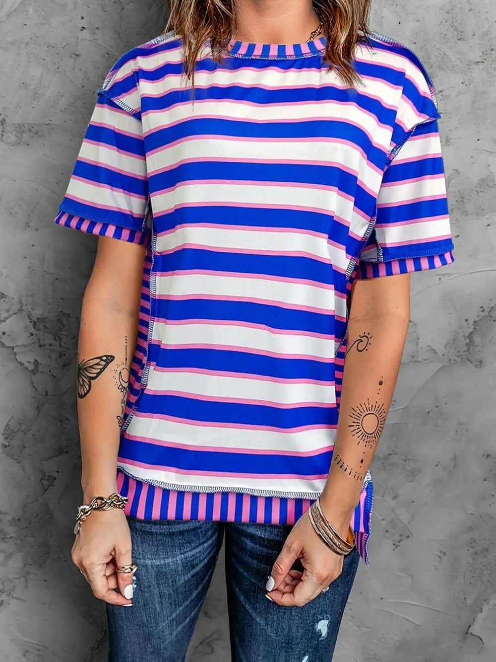 Full Size Contrast Stitching Striped Round Neck T-Shirt - Trendsi - Flyclothing LLC