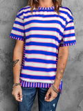 Full Size Contrast Stitching Striped Round Neck T-Shirt - Trendsi - Flyclothing LLC