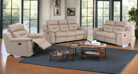 Three Piece Indoor Beige Genuine Leather Five Person Seating Set - Homeroots - Flyclothing LLC