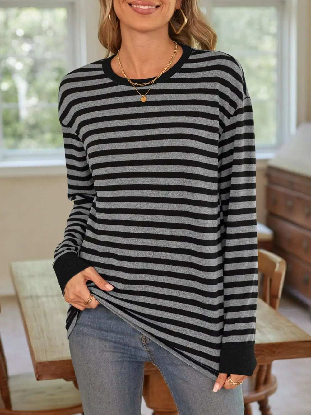 Striped Round Neck Long Sleeve T-Shirt - Trendsi - Flyclothing LLC