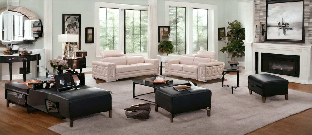 Two Piece Indoor Beige Italian Leather Five Person Seating Set - Homeroots - Flyclothing LLC