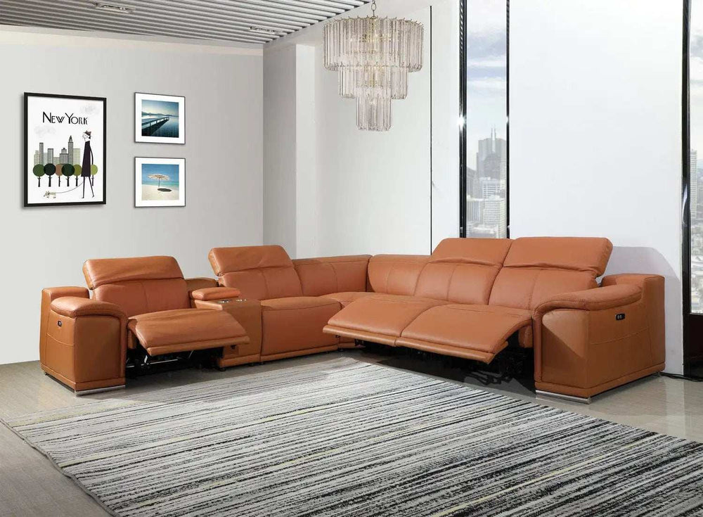 Camel Italian Leather Power Reclining U Shaped Six Piece Corner Sectional With Console - Homeroots - Flyclothing LLC