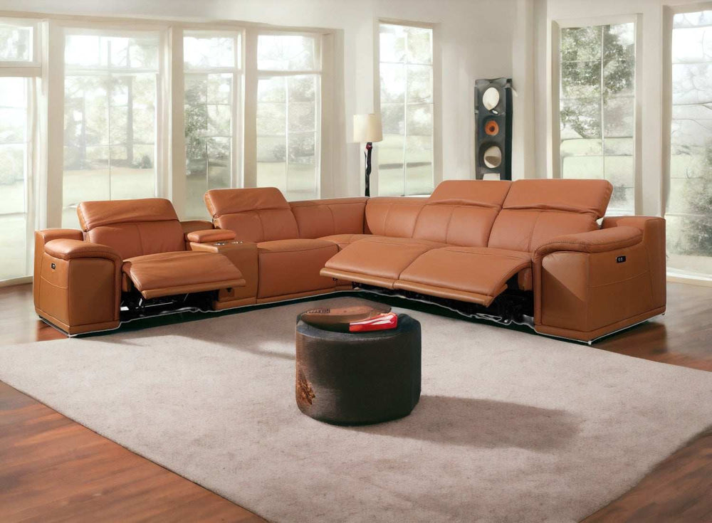 Camel Italian Leather Power Reclining U Shaped Six Piece Corner Sectional With Console - Homeroots - Flyclothing LLC