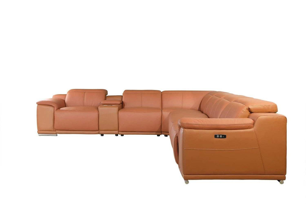 Camel Italian Leather Power Reclining U Shaped Seven Piece Corner Sectional With Console - Homeroots - Flyclothing LLC