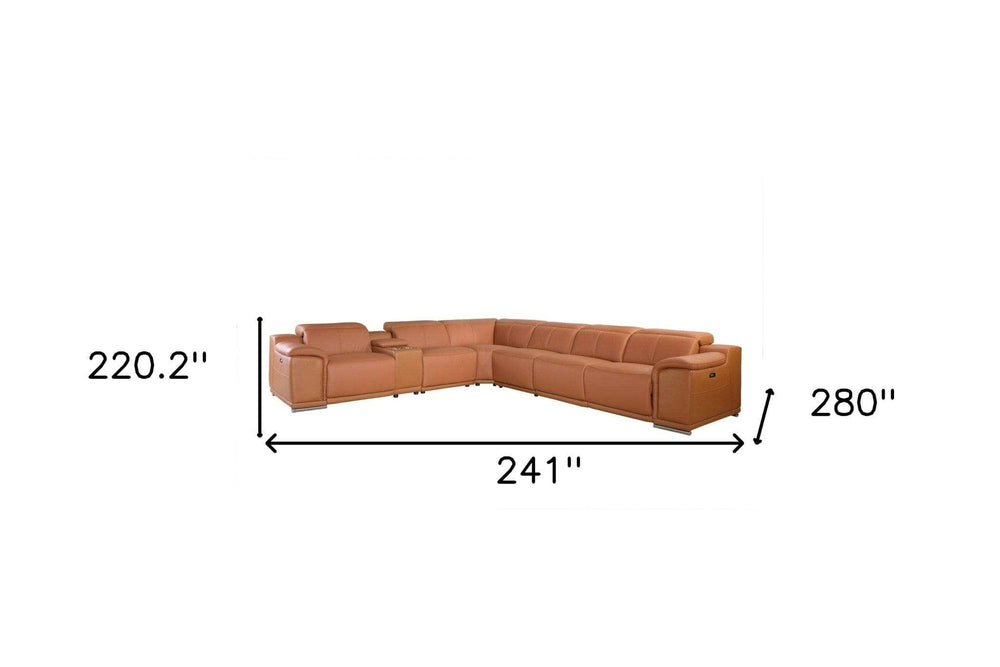 Camel Italian Leather Power Reclining U Shaped Seven Piece Corner Sectional With Console - Homeroots - Flyclothing LLC