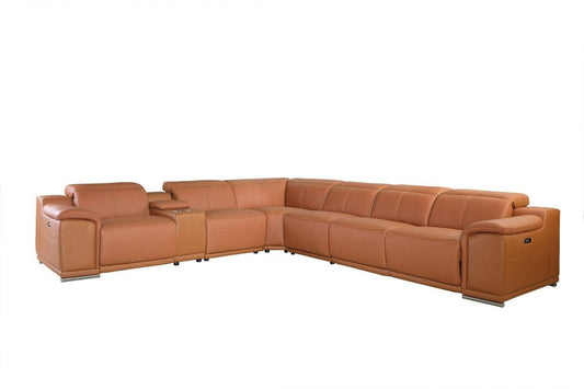 Camel Italian Leather Power Reclining U Shaped Seven Piece Corner Sectional With Console - Homeroots - Flyclothing LLC