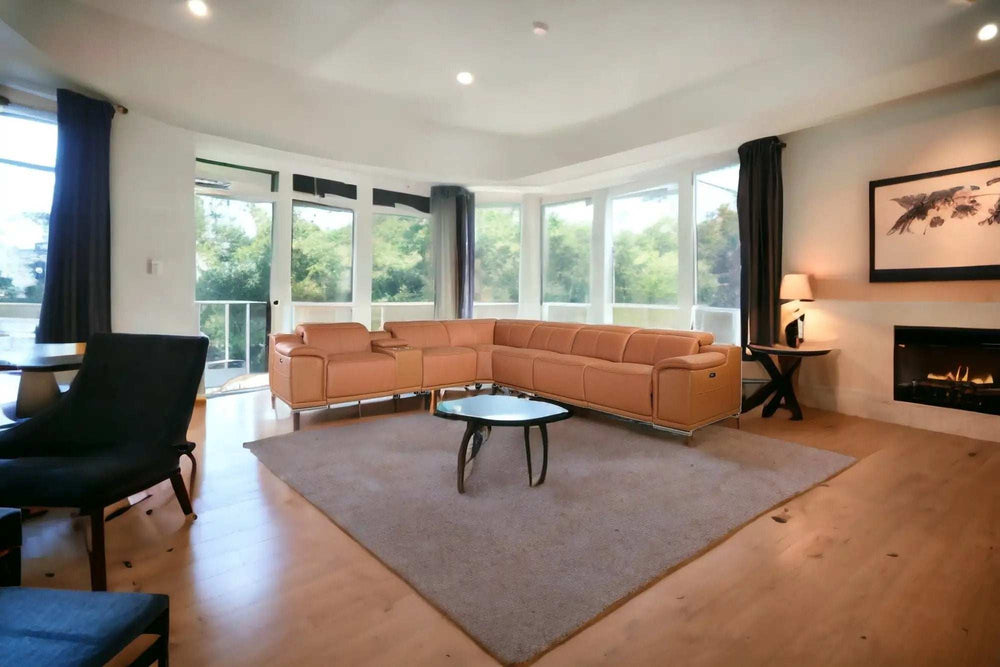 Camel Italian Leather Power Reclining U Shaped Seven Piece Corner Sectional With Console - Homeroots - Flyclothing LLC