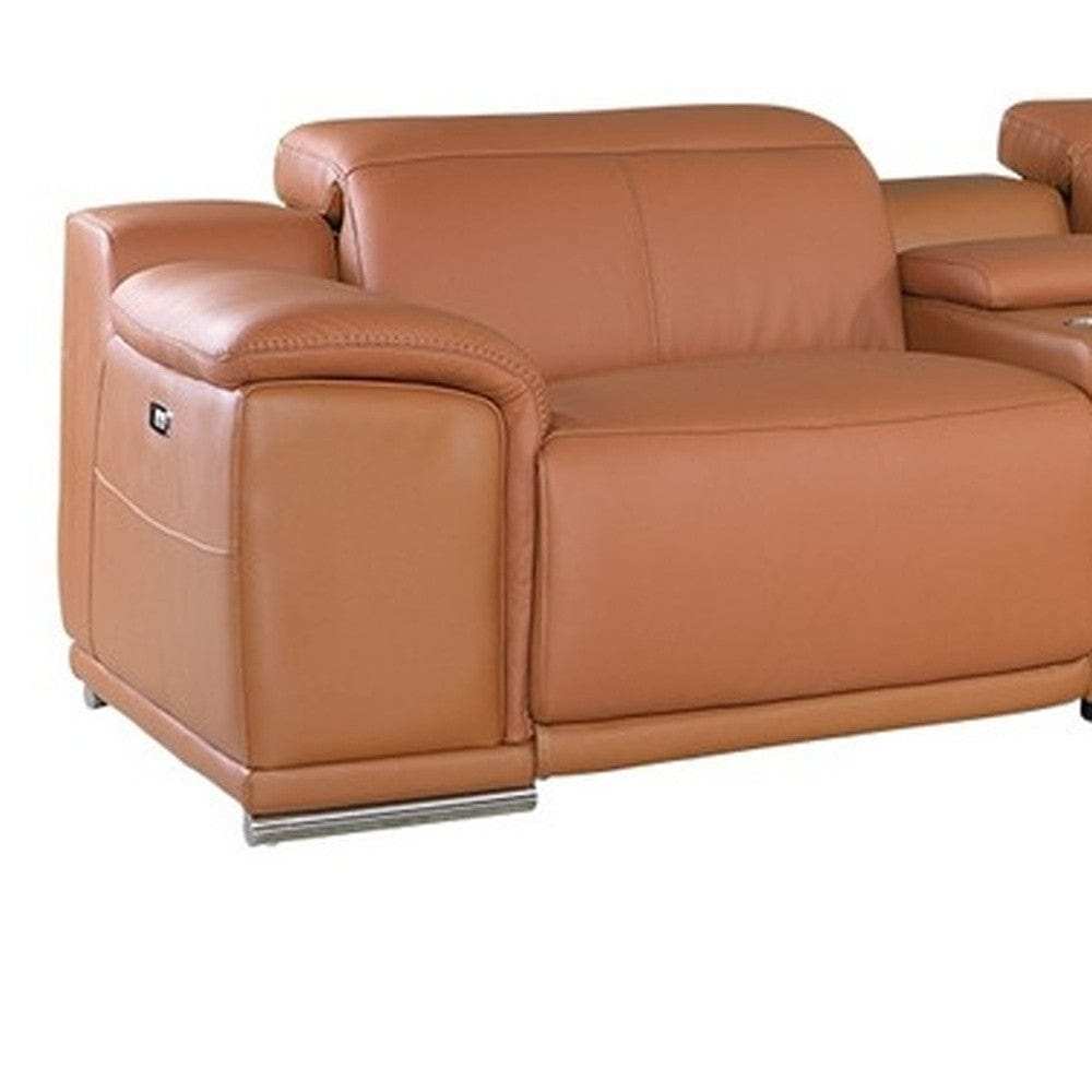 Camel Italian Leather Power Reclining U Shaped Seven Piece Corner Sectional With Console - Homeroots - Flyclothing LLC